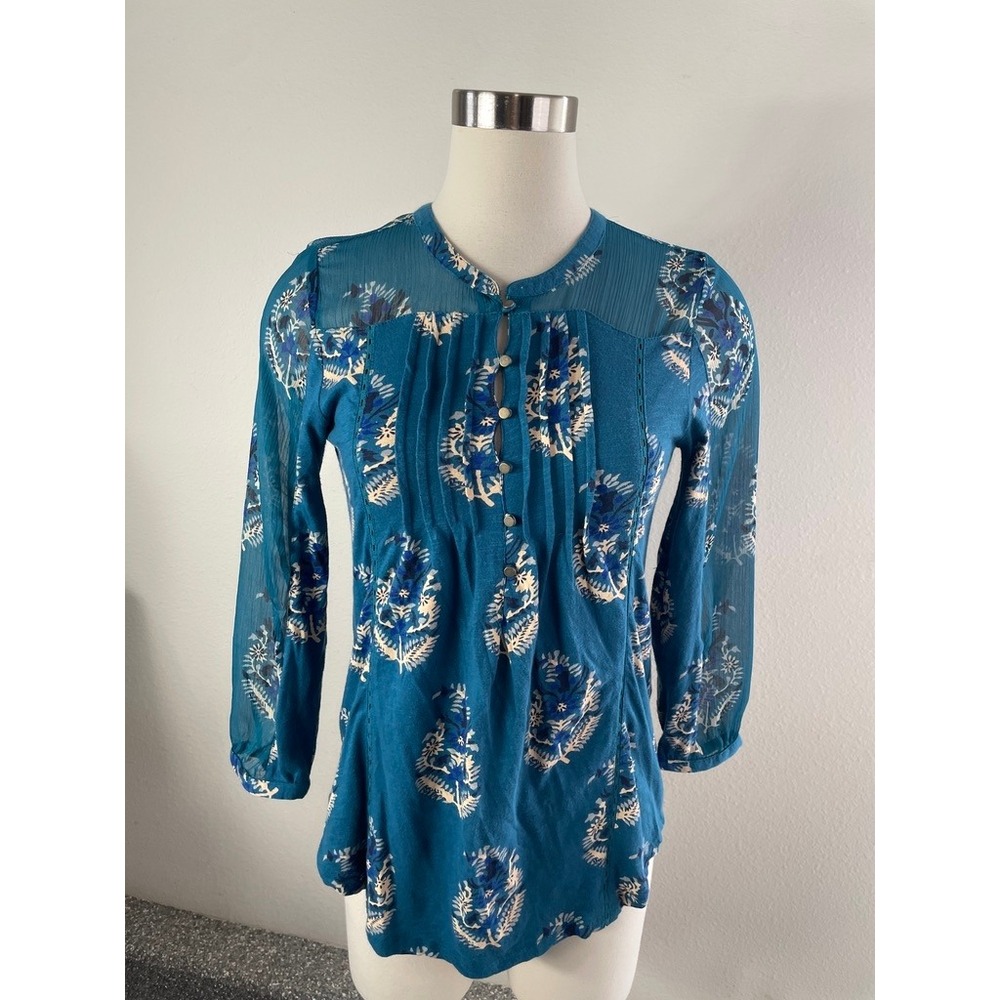 Lucky Brand Womens Small Teal Floral Mixed Media 3/4 Sleeve Blouse Boho Top